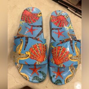 Versace Baroque Sea Print Slides – Blue – Size 9